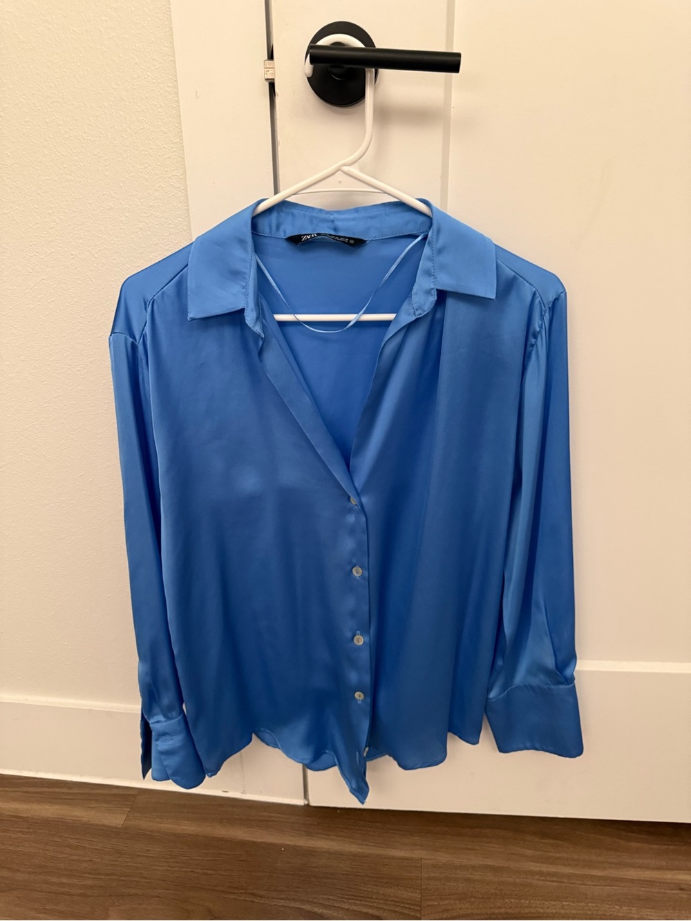 Zara Bright Blue Satin Button-Down Blouse